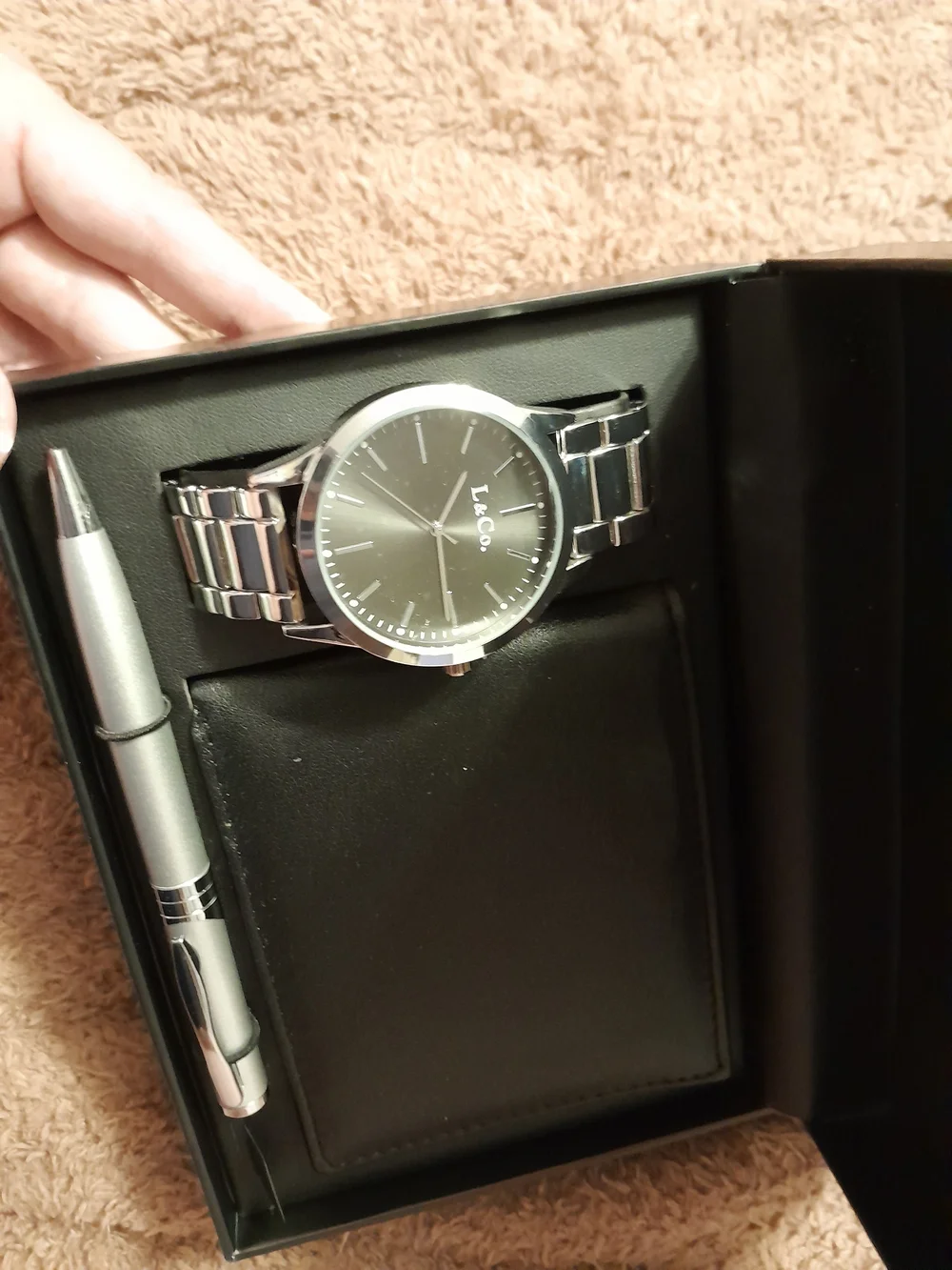 L & Co. Silver Men's Watch Gift Set with Black Wallet & Silver Pen